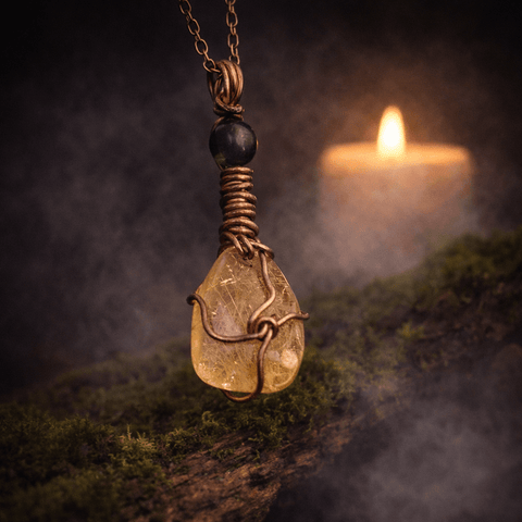 Pendentif quartz rutilé jaune & œil de faucon – création artisanale steampunk médiéval fait main | Atelier AnJo
