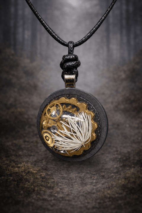 Pendentif steampunk artisanal en résine et engrenages – Médaillon cabinet de curiosités | Atelier AnJo steampunk médiéval fait main | Atelier AnJo
