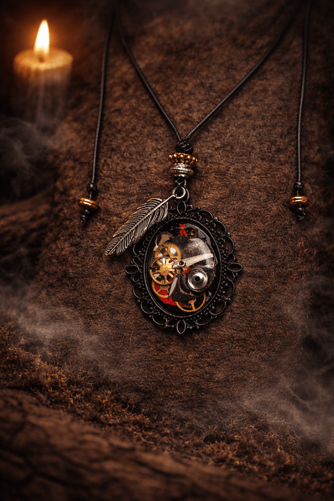Pendentif steampunk artisanal – Mécanisme horloger et plume métallique steampunk médiéval fait main | Atelier AnJo