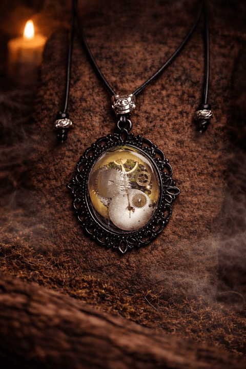 Pendentif steampunk artisanal – Mécanismes horlogers et mousse de forêt steampunk médiéval fait main | Atelier AnJo