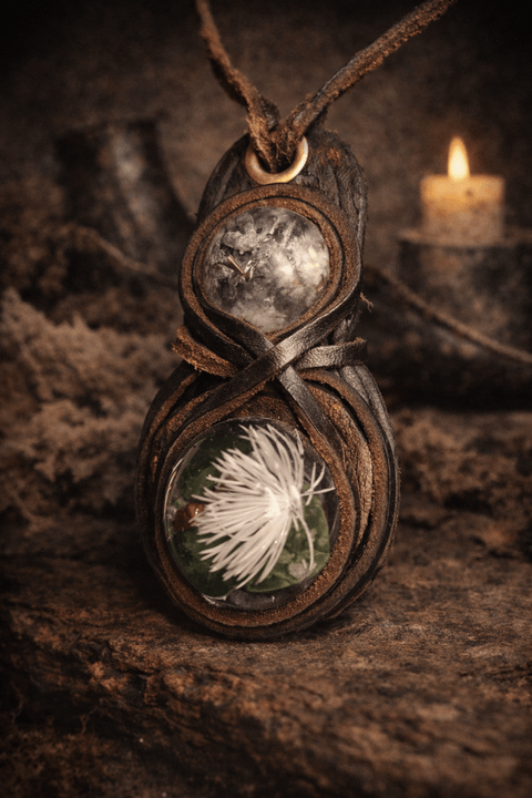 Pendentif talisman artisanal en cuir et résine – Esprit végétal | Atelier AnJo steampunk médiéval fait main | Atelier AnJo