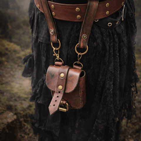 Petite sacoche en cuir vieilli – Style steampunk/post - apo steampunk médiéval fait main | Atelier AnJo
