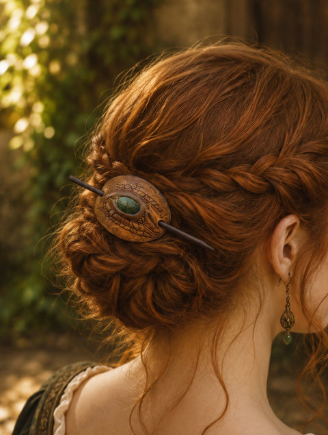 Pic à Cheveux Œil de Dragon en Cuir – Accessoire Fantasy Médiéval steampunk médiéval fait main | Atelier AnJo