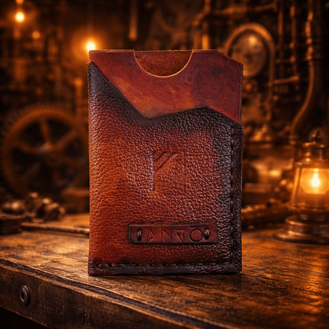 Porte - cartes minimaliste avec rune de prospérité en cuir végétal cousu main – pièce unique – Atelier AnJo steampunk médiéval fait main | Atelier AnJo