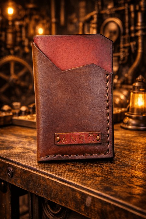 Porte - cartes minimaliste marron et feu en cuir végétal – cousu main – Atelier AnJo steampunk médiéval fait main | Atelier AnJo