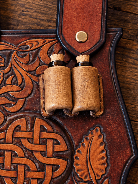 Porte-fioles de ceinture en cuir repoussé – Entrelacs celtiques steampunk médiéval fait main | Atelier AnJo