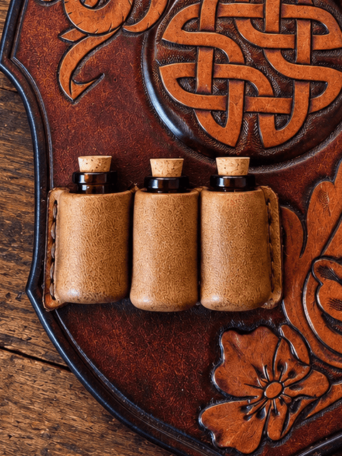 Porte-fioles de ceinture en cuir repoussé – Entrelacs celtiques steampunk médiéval fait main | Atelier AnJo
