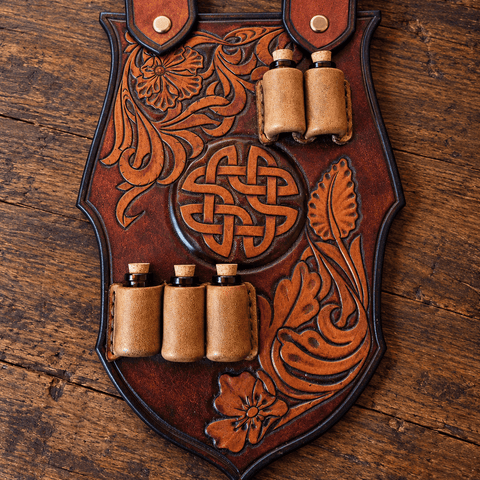 Porte-fioles de ceinture en cuir repoussé – Entrelacs celtiques steampunk médiéval fait main | Atelier AnJo