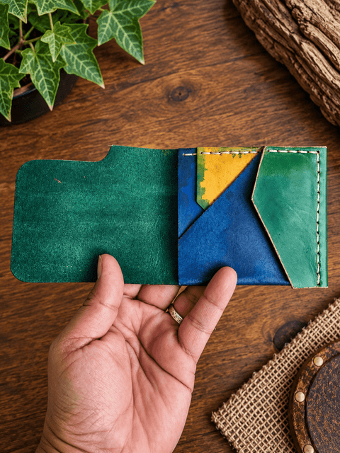 Portefeuille compact en cuir vert patiné steampunk médiéval fait main | Atelier AnJo