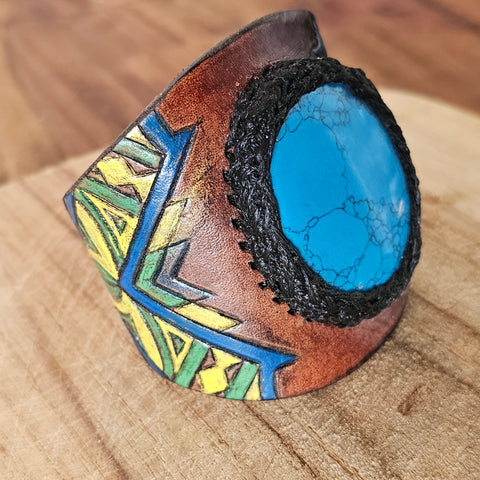 Bracelet en cuir style indien avec turquoise naturelle – Fait main