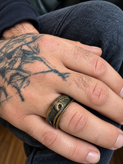 Bague large en cuivre patiné à volutes – Taille 61,5