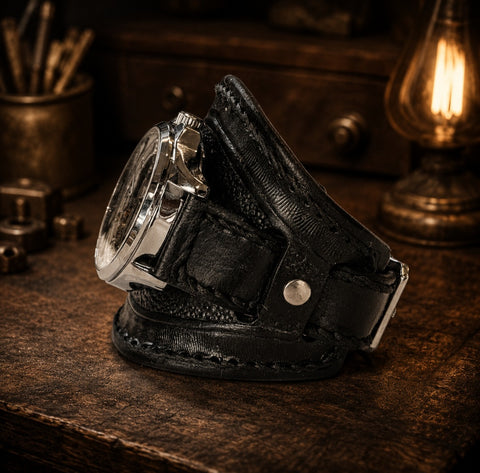 Bracelet montre en cuir noir avec montre automatique – Fabrication artisanale