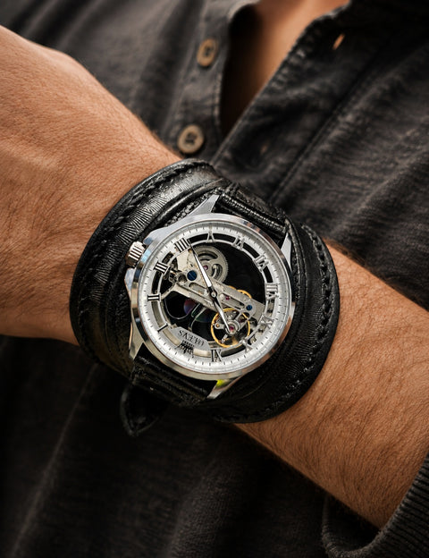 Bracelet montre en cuir noir avec montre automatique – Fabrication artisanale