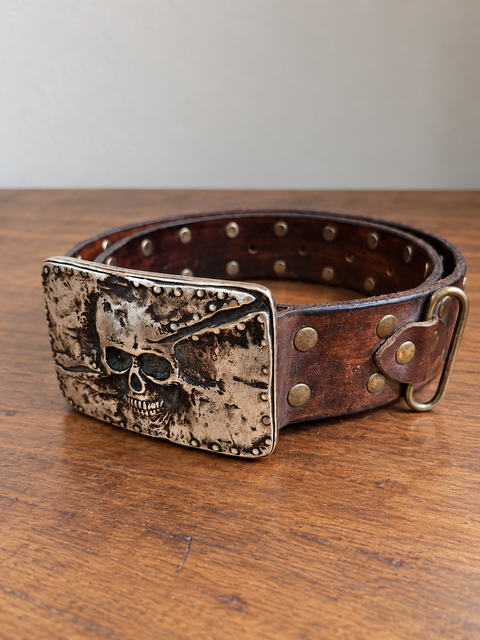 Ceinture en cuir marron à boucle tête de mort – 71 à 96 cm