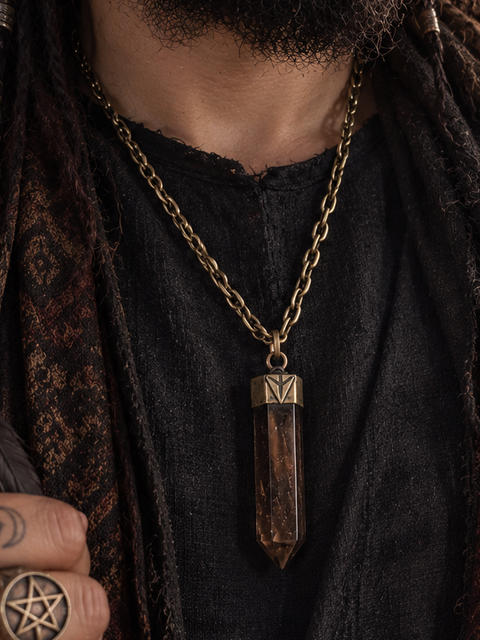 Pendentif pendule en quartz fumé – Talisman runique