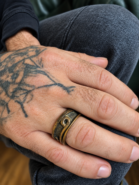 Bague large en cuivre patiné à volutes – Taille 61,5