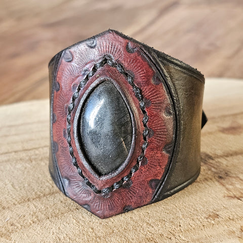Bracelet cuir véritable style steampunk avec labradorite – fait main