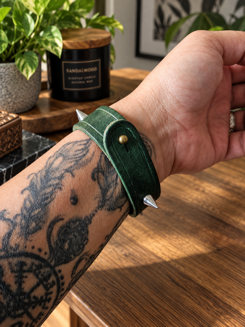 Bracelet en cuir vert forêt à pointes – Ronce des bois