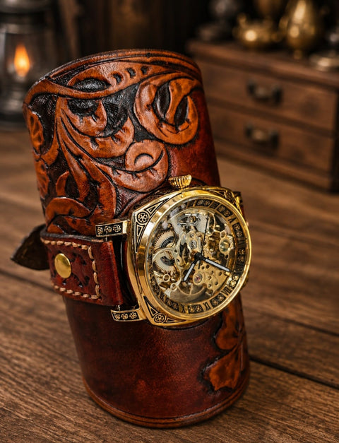 Bracelet montre steampunk en cuir repoussé à la main – Fleur artisanale