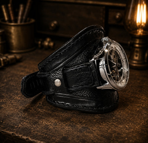 Bracelet montre en cuir noir avec montre automatique – Fabrication artisanale