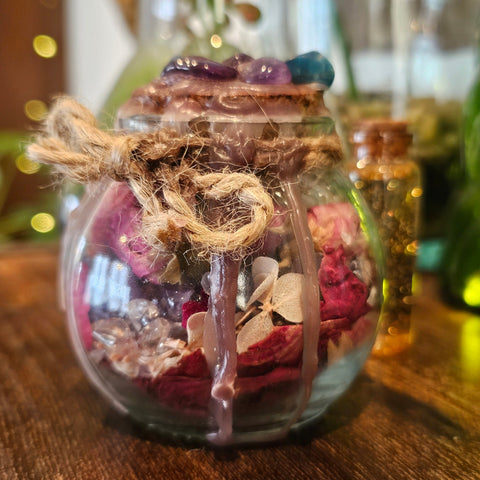 Spell Jar – Amour et Protection Émotionnelle – Améthyste, Apatite et Cristal de Roche steampunk médiéval fait main | Atelier AnJo