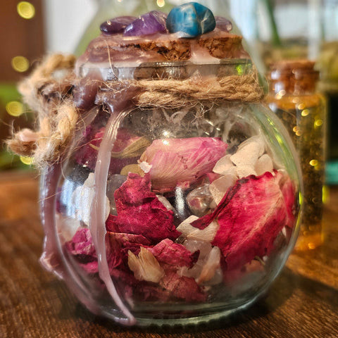 Spell Jar – Amour et Protection Émotionnelle – Améthyste, Apatite et Cristal de Roche steampunk médiéval fait main | Atelier AnJo