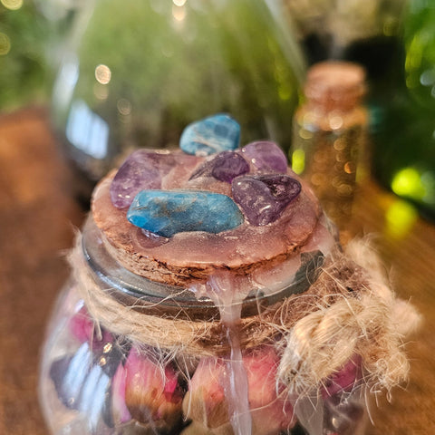 Spell Jar – Amour et Protection Émotionnelle – Améthyste, Apatite et Cristal de Roche steampunk médiéval fait main | Atelier AnJo