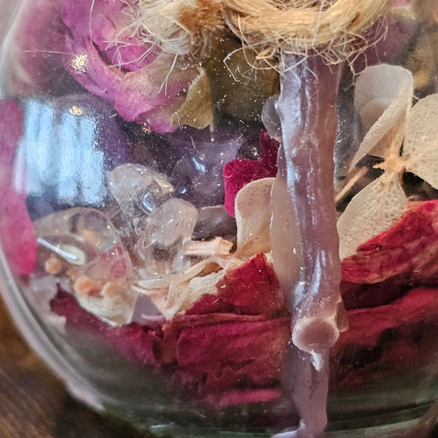 Spell Jar – Amour et Protection Émotionnelle – Améthyste, Apatite et Cristal de Roche steampunk médiéval fait main | Atelier AnJo