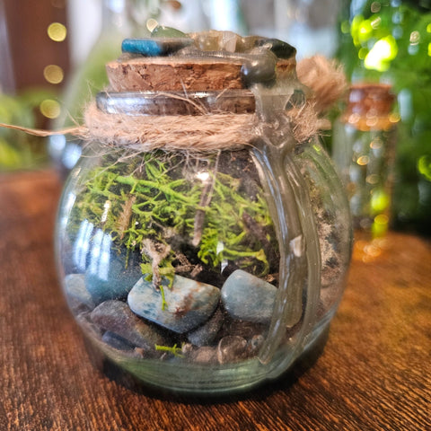 Spell Jar – Énergie & Clarté – Apatite bleue & Cristal de roche steampunk médiéval fait main | Atelier AnJo