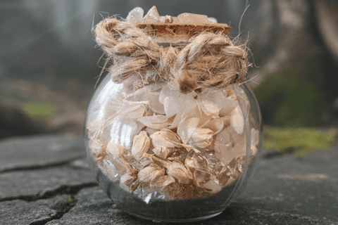 Spell Jar Purification – Jarre Ésotérique Cristal de Roche & Fleurs Blanches steampunk médiéval fait main | Atelier AnJo