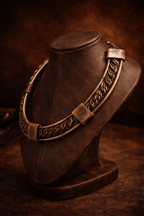 Torque des ancien, en cuivre tressé et laiton – collier artisanal – pièce unique steampunk médiéval fait main | Atelier AnJo